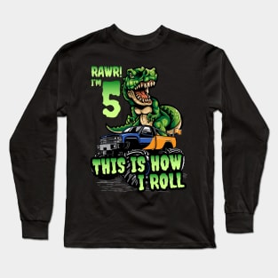 5 Years Old Boy Birthday Dinosaur Trex Monster Truck Long Sleeve T-Shirt